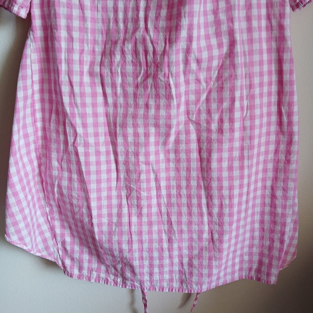 Fashion- Pink Gingham Elbow Sleeves with Wrap  Waist Front/Side Tie Dress - Picture 3 of 11